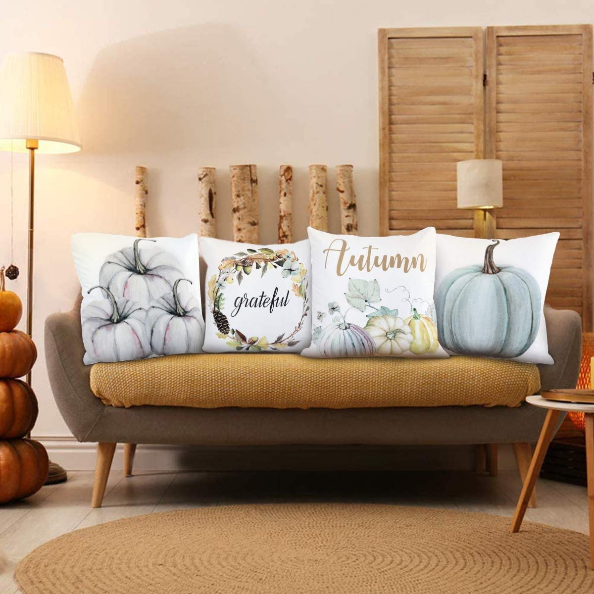 Autumn Pumpkin Pillow Covers 18x18 Inches Set of 4 - Fall Throw Pillow Cases for Couch, Sofa & Bed - Thanksgiving Home Decor for Living Room, Porch & Seasonal Decorations