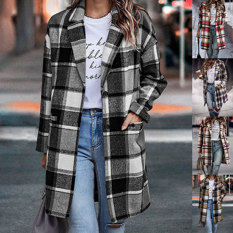 Stylish Women's Plaid Long Wool Coat with Pockets - Warm Turn-Down Collar Jacket for Autumn & Winter | Perfect for Outdoor Activities, Office Wear, and Casual Fashion