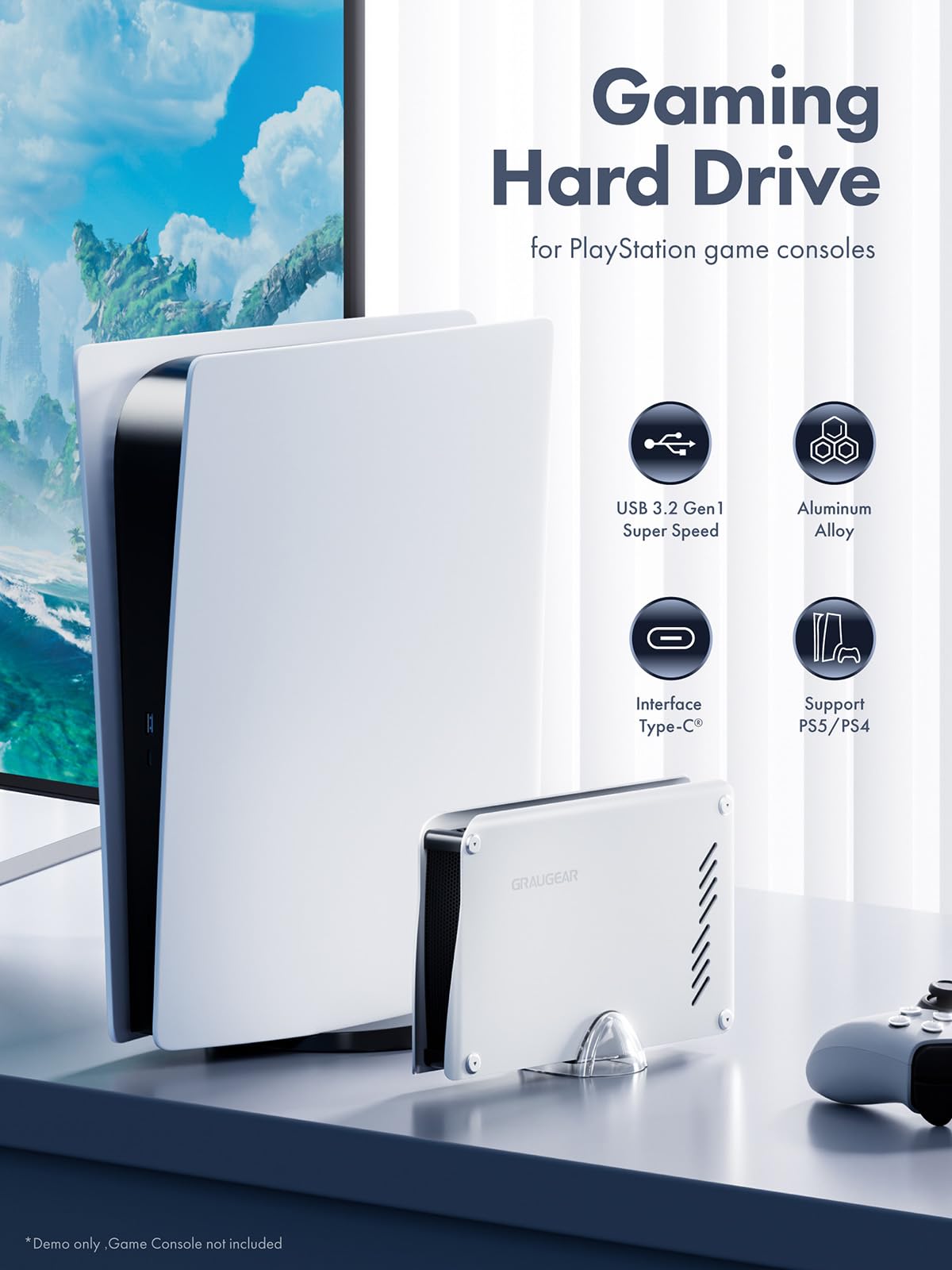 GRAUGEAR 4TB External Hard Drive for PS5/PS4 - High-Speed USB 3.2 Portable HDD with Aluminum Case, Includes USB-C & USB-A Cables - Perfect for Gaming, Backup & Storage Expansion