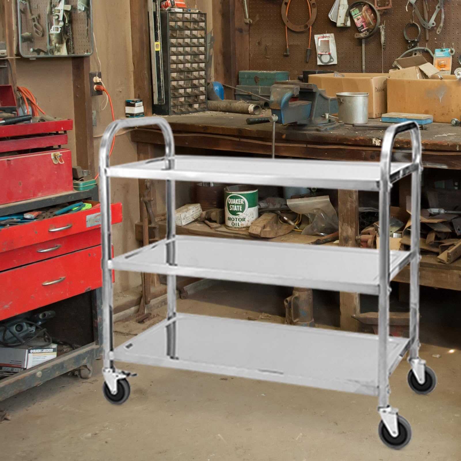 GARVEE 3-Tier Heavy Duty Stainless Steel Utility Cart with Handle & Locking Wheels - 265Lbs Capacity (85x45x90cm) - Perfect for Kitchen, Restaurant, Hospital, Lab & Home Organization