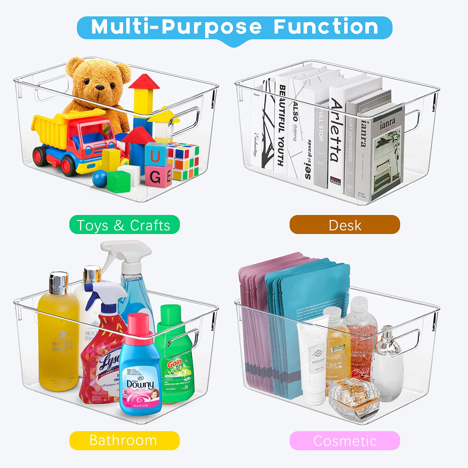 4 Pack Clear Plastic Storage Bins - Kitchen Organizers for Fridge, Pantry & Cabinet | Countertop & Bathroom Organization | Perfect for Food, Spices & Toiletries Storage
