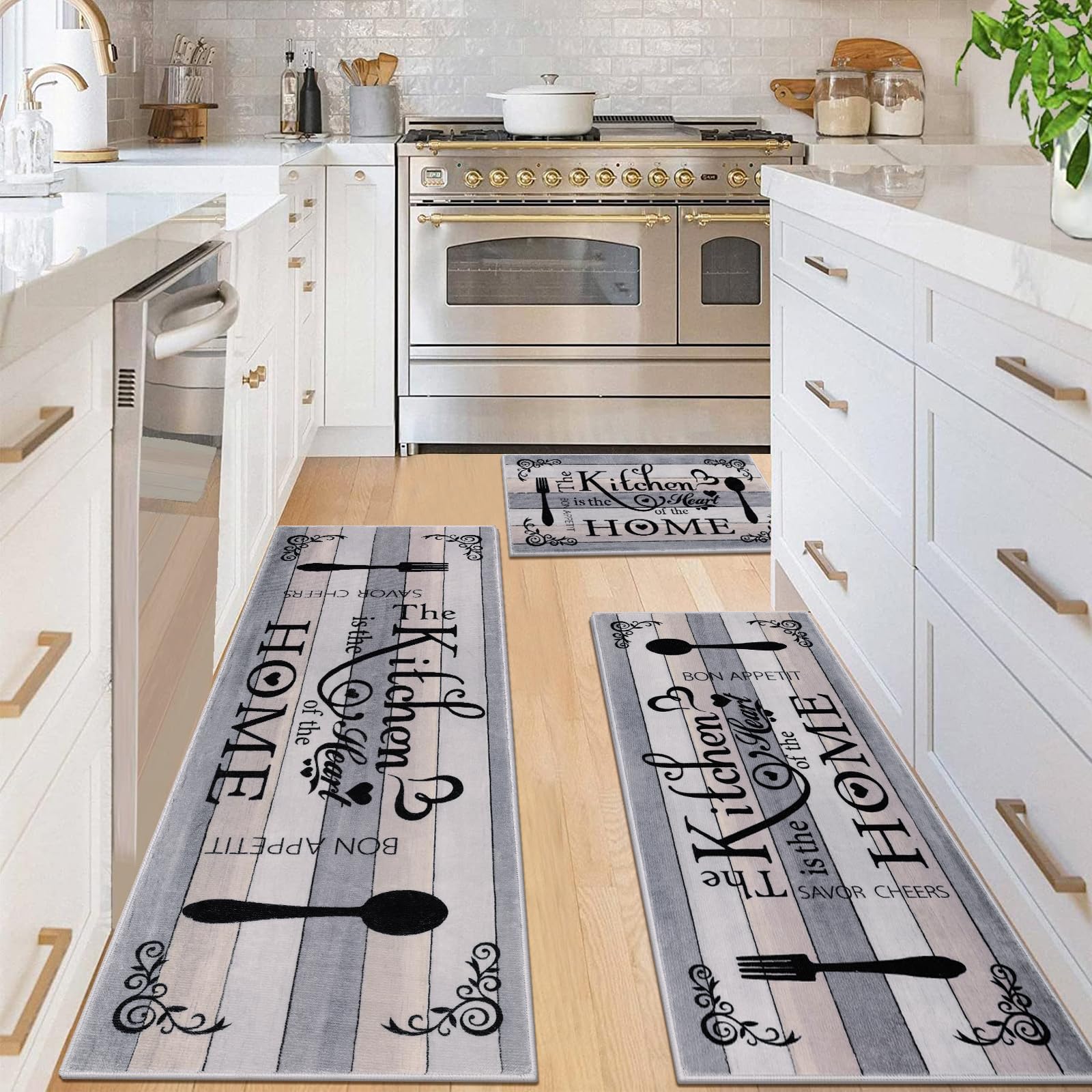Vaukki Boho Kitchen Rug Set - Washable Non-Slip Floor Mats for Kitchen, Laundry & Hallway (Grey/Beige) - Perfect for Boho Home Decor