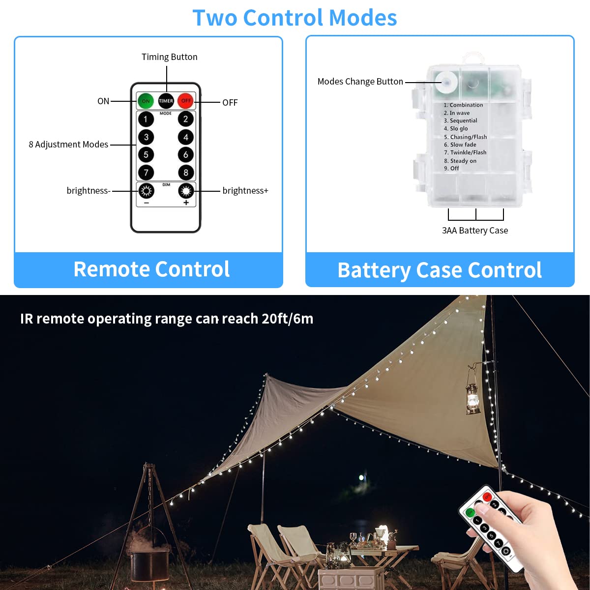 200 LED Outdoor String Lights 2 Pack - 66ft Battery Operated Waterproof Fairy Lights with Remote Control, 8 Lighting Modes (Cool White) - Perfect for Backyard, Patio, Wedding, Christmas Party & Indoor Decor