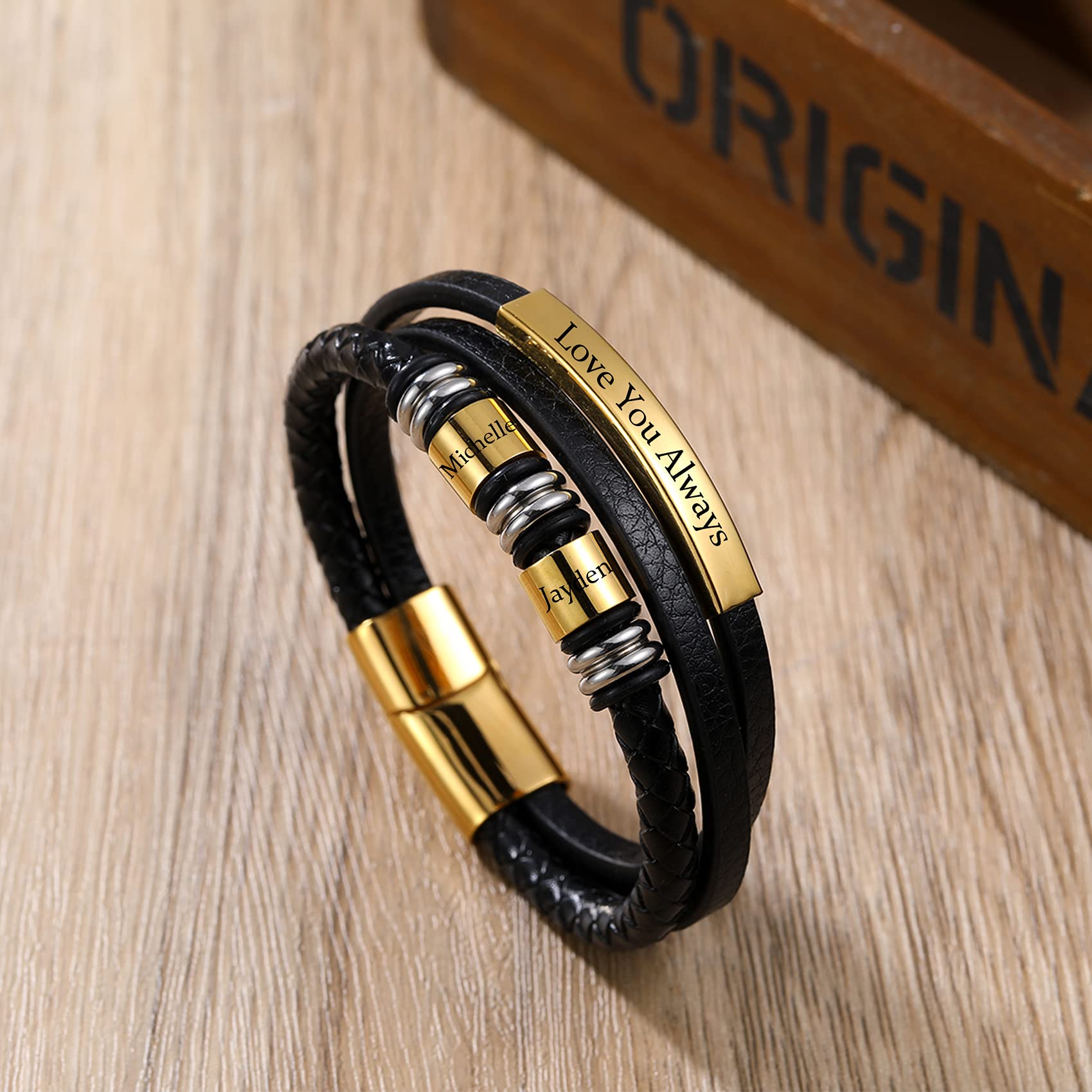 Custom Engraved Men's Leather Bracelet with 2-4 Name Beads - Personalized Gift for Dad, Son, Boyfriend & Husband - Perfect for Father's Day, Anniversary & Birthday Gifts