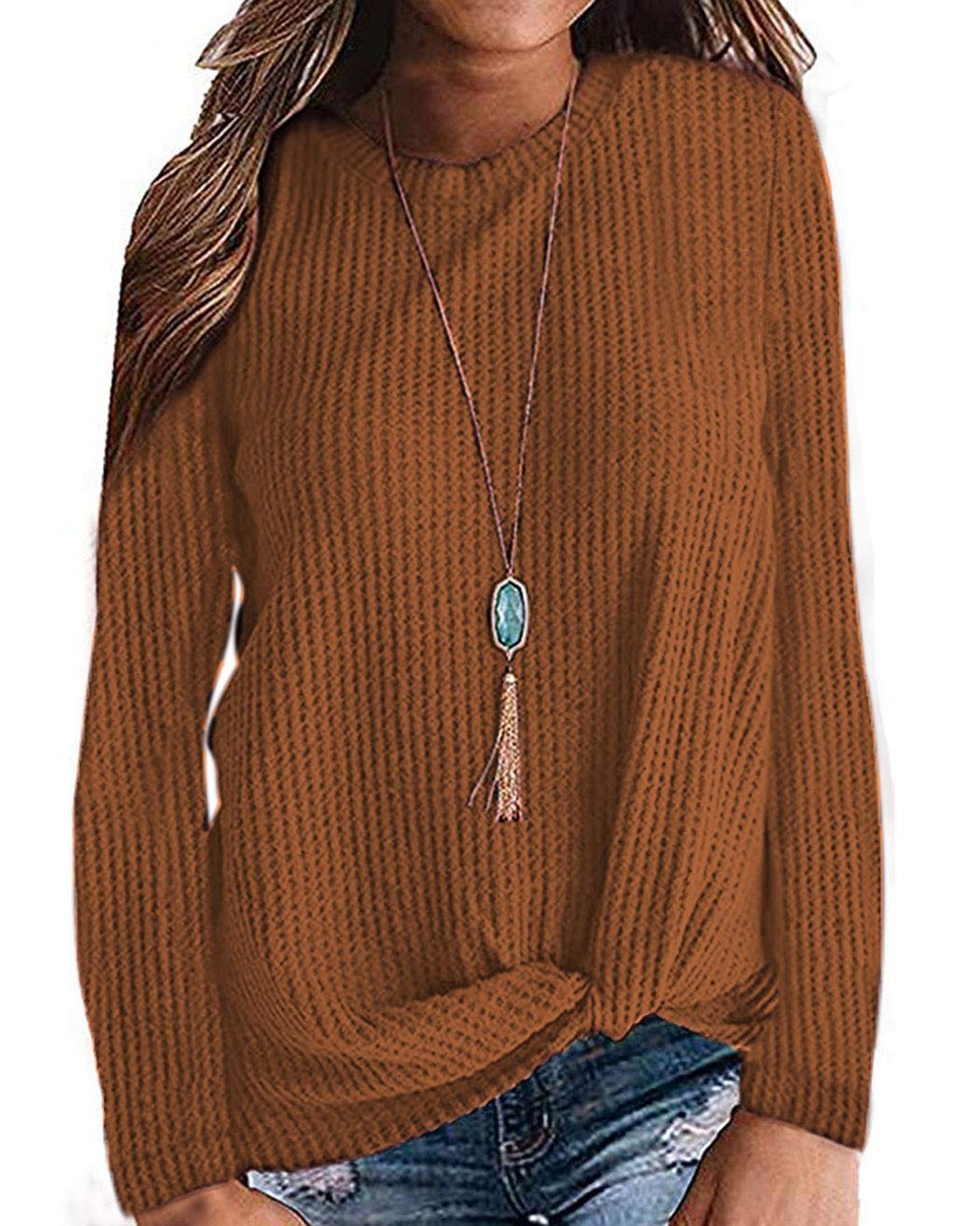 MISFAY Women's Casual Long Sleeve Knit Top with Twist Knot Detail - Soft Waffle Texture Shirt for Fall & Winter - Perfect for Office, Date Night and Weekend Outfits
