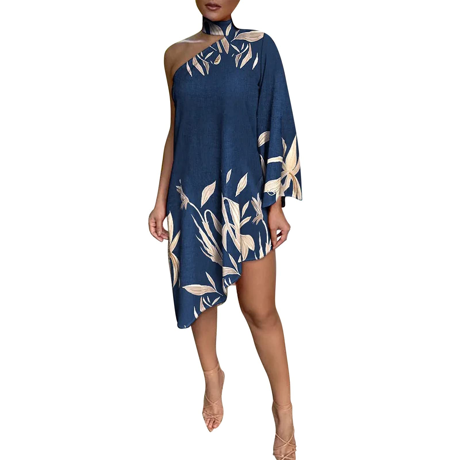 Women's One Shoulder Half Bat Sleeve Summer Dress - Floral Print Casual Loose Beach Mini Sun Dress with Scrunch Detail | Perfect for Vacations, Pool Parties & Tropical Getaways