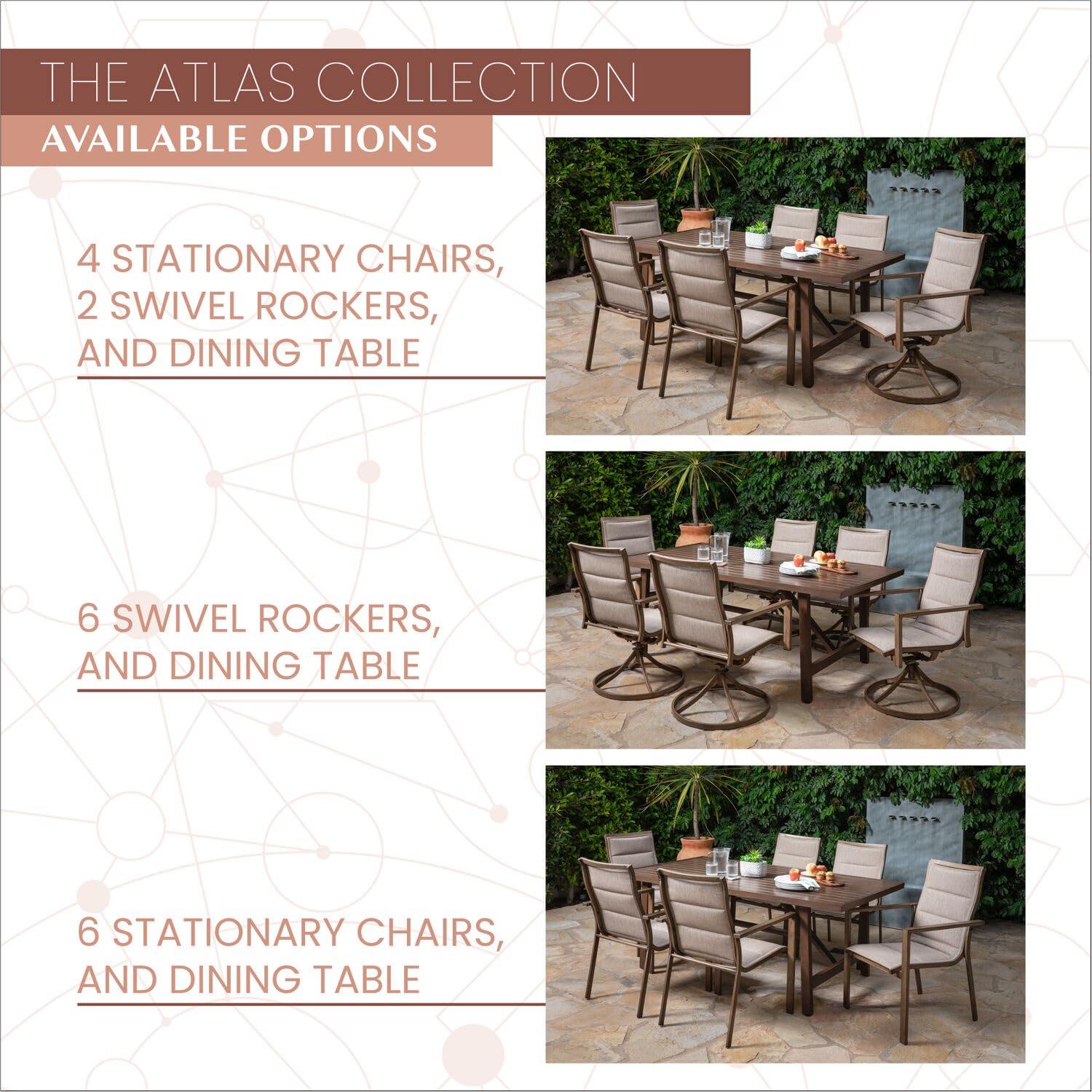 Atlas 7-Piece Outdoor Dining Set with 6 Swivel Padded Chairs & Trestle Table - Modern Patio Furniture for Backyard, Garden, Poolside - Weather-Resistant Dining Set for 6 People