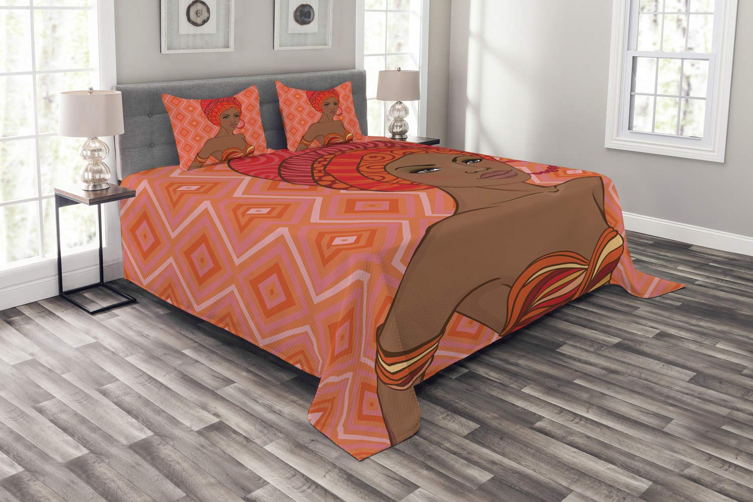 Ambesonne African Bedspread Set - Zulu Inspired Woman Portrait Graphic Print, 3-Piece Decorative Bedding Coverlet with 2 Pillow Shams, King Size, Scarlet Umber - Perfect for Boho Chic Bedroom Decor & Cultural Themed Home Styling