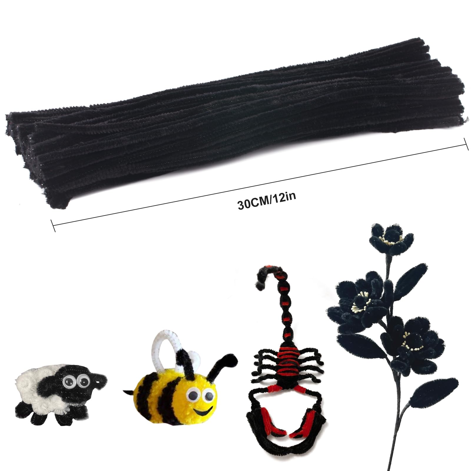 100pcs Black Pipe Cleaners for DIY Crafts - 6mm x 12