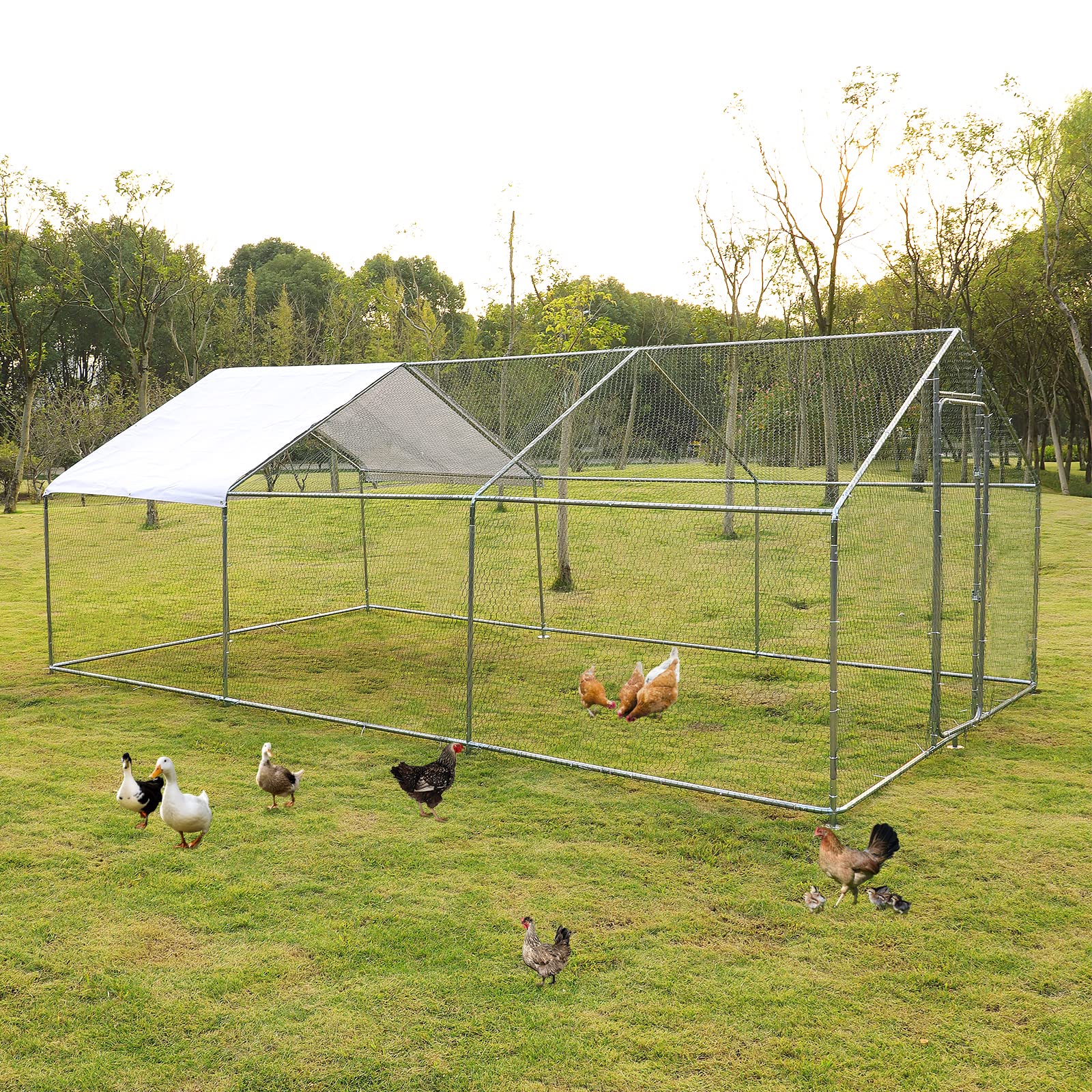 JOVNO Large Walk-In Chicken Coop - 19.7x9.9x6.57FT Metal Poultry Cage with Weatherproof Cover - Outdoor Hen House, Chicken Run & Exercise Pen for Backyard Farming, Pet Enclosure & Poultry Protection