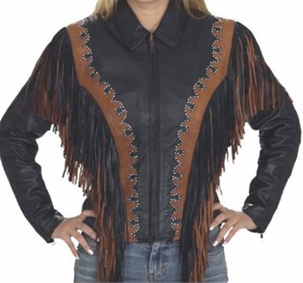 Women's Black & Brown Fringed Leather Motorcycle Jacket - Stylish Biker Jacket for Riding, Casual Outfits & Fashion Statements