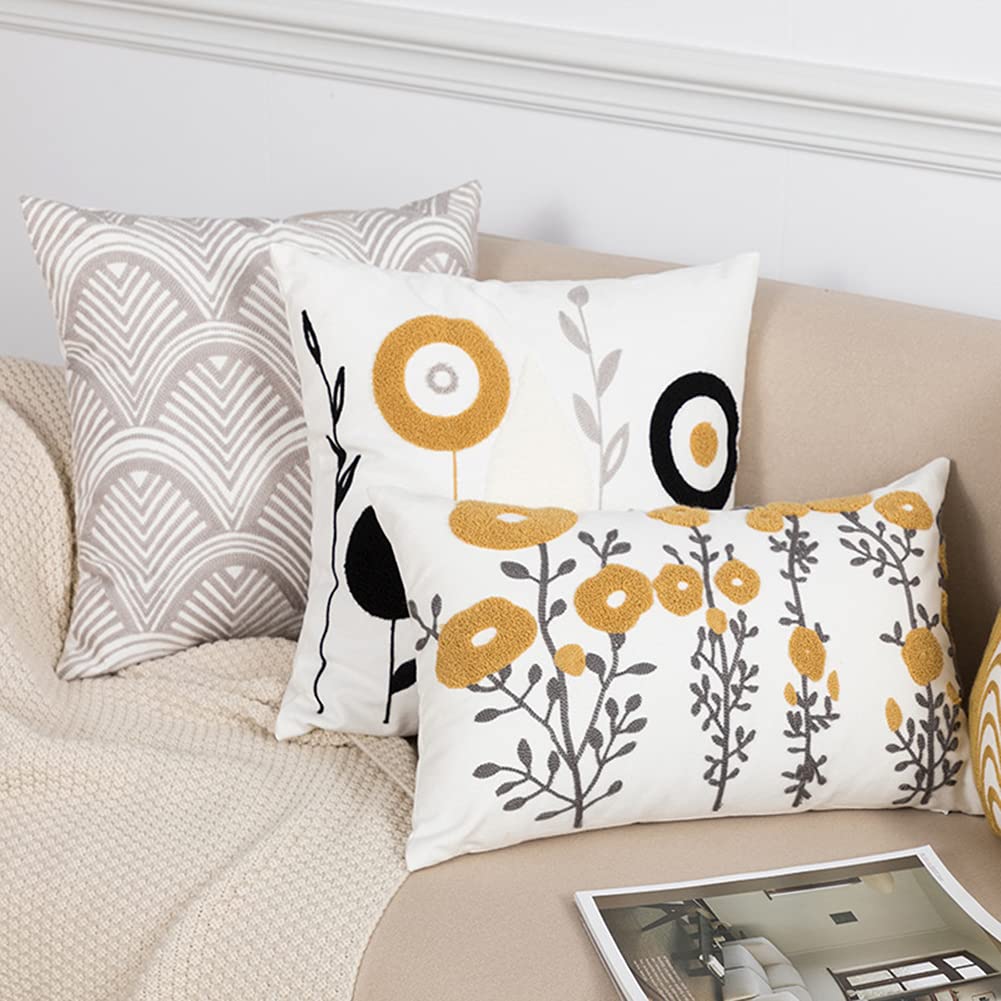 Boho Floral Tufted Decorative Throw Pillow Cover 18x18 Inch - Botanical Embroidered Cotton Cushion Cover for Sofa, Couch & Bed - Perfect for Boho Home Decor, Living Room Accent & Cozy Bedroom Styling (Flower B)