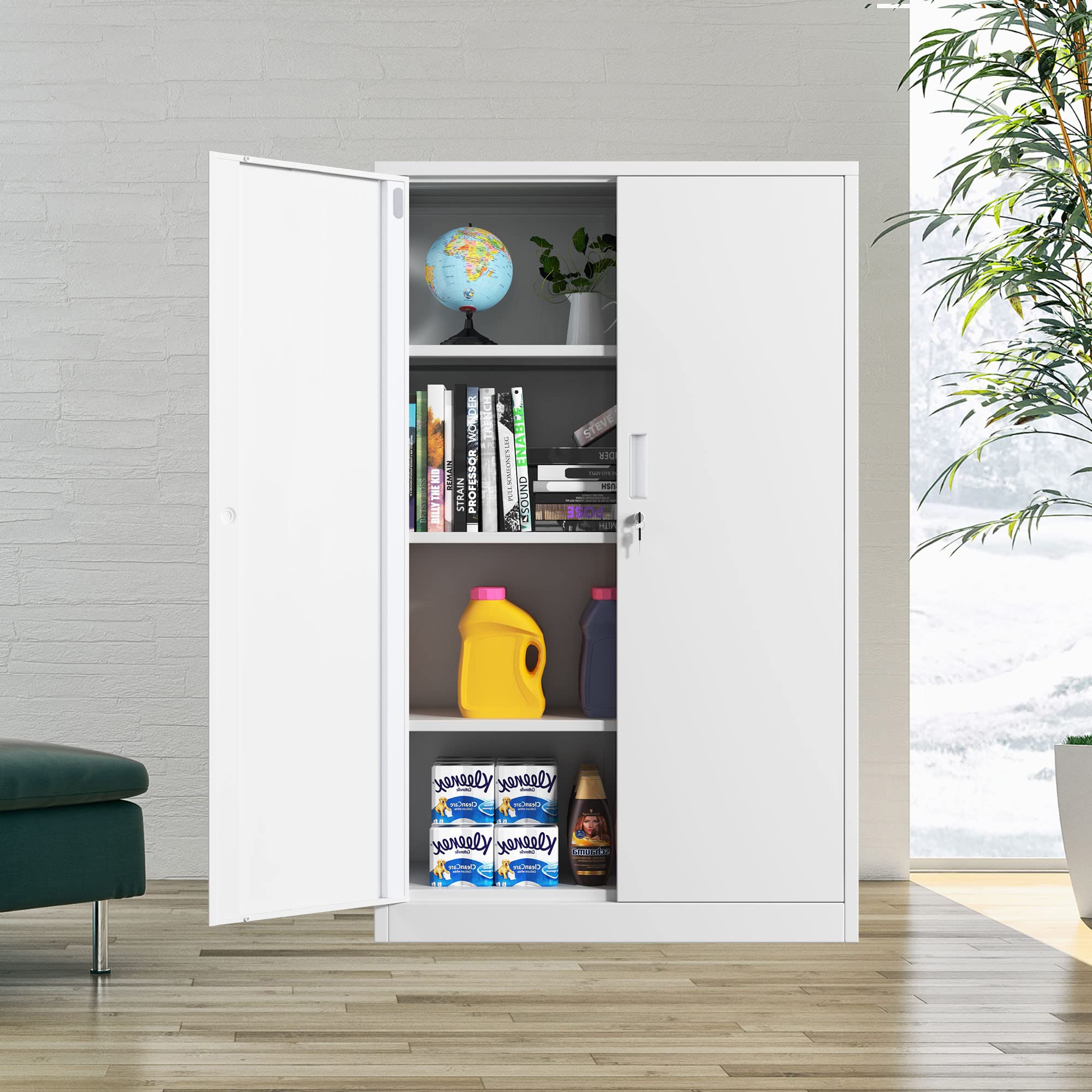 53.5-Inch White Metal Storage Cabinet with Locking Doors & 3 Adjustable Shelves - Secure Home Office, Garage, Kitchen Pantry Organizer for Files, Tools & Supplies