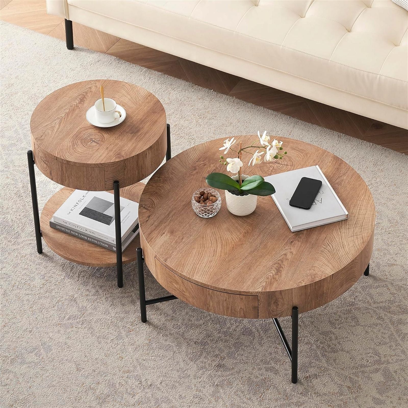 Premium American Oak Felled Round Coffee Table 810mm - Modern Living Room Furniture for Home & Office Decor