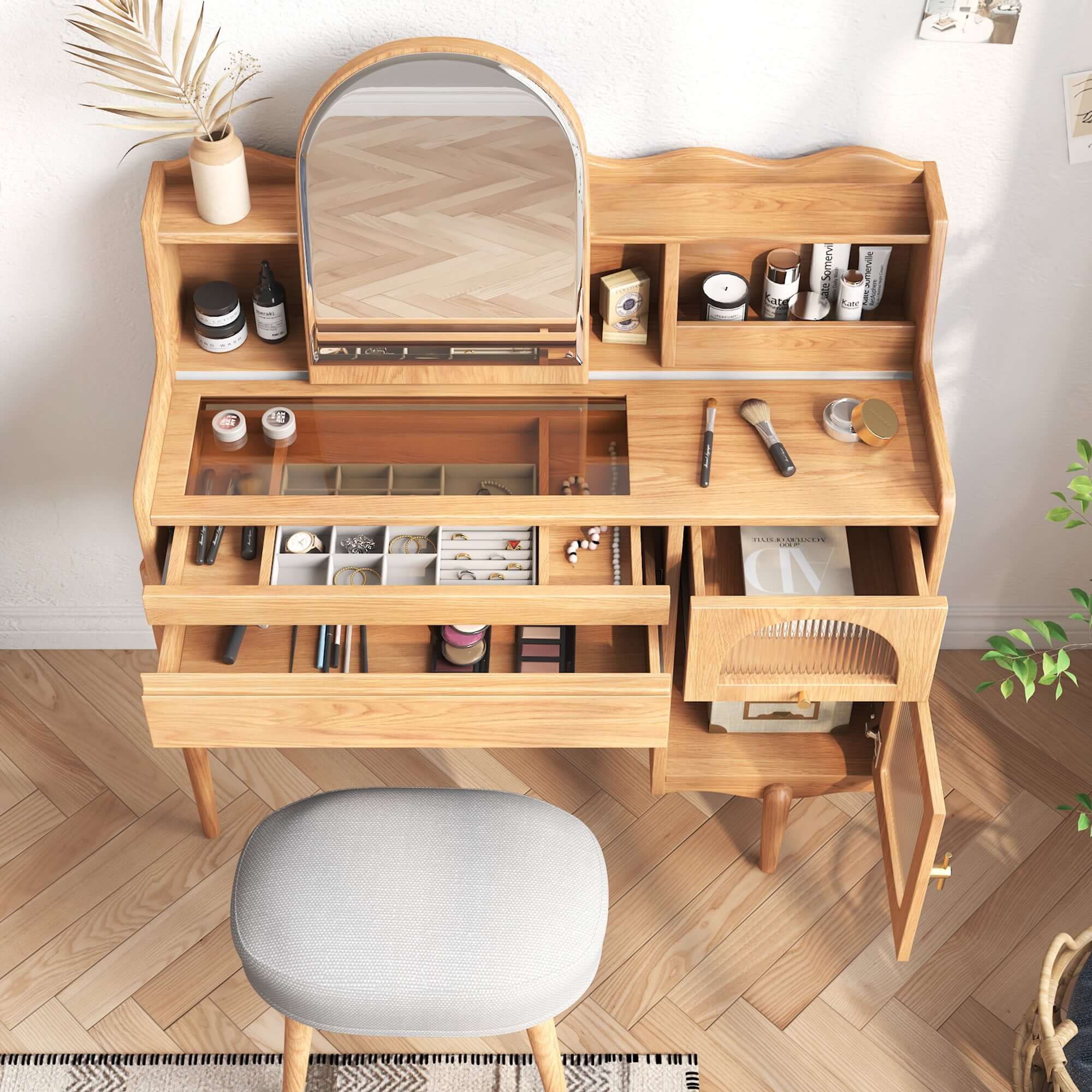 Elegant Wooden Makeup Vanity Table with Dressing Mirror, Drawers & Side Cabinet - Perfect for Bedroom, Dressing Room & Beauty Salon Organization