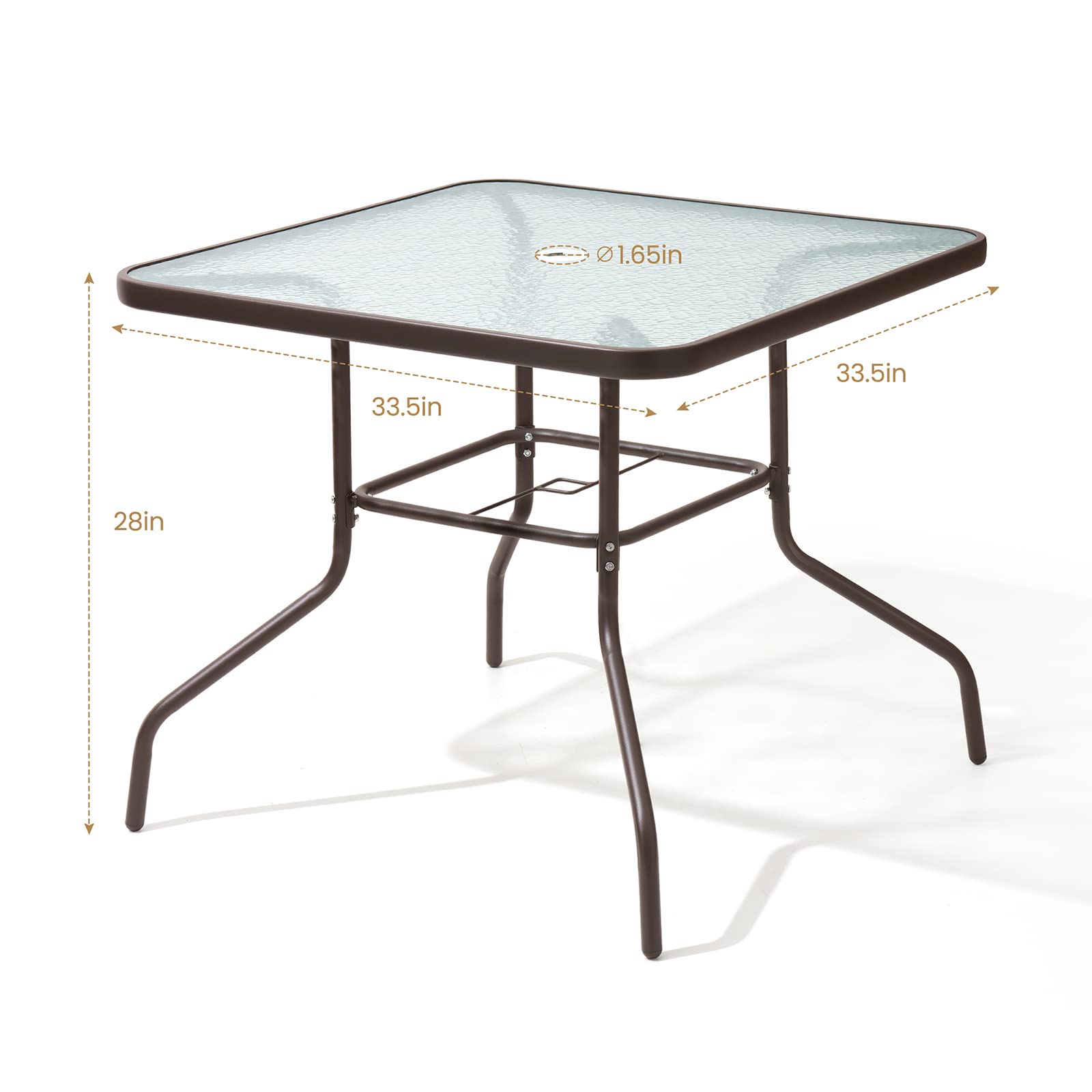 Premium Outdoor Dining Table for 4 - Square Patio Table with Umbrella Hole | Durable Tempered Glass & Metal Bistro Set for Garden, Deck, Backyard, Lawn (Brown) | Perfect for Al Fresco Dining & Outdoor Entertaining