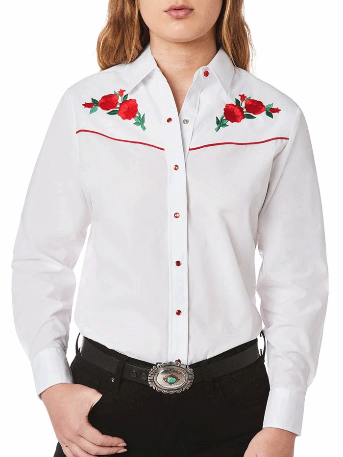 Ely Cattleman 15303801 06 Women's Western Shirt - White with Red Rose Embroidery, Long Sleeve Cowgirl Top for Rodeo, Country Music Festivals & Western Fashion