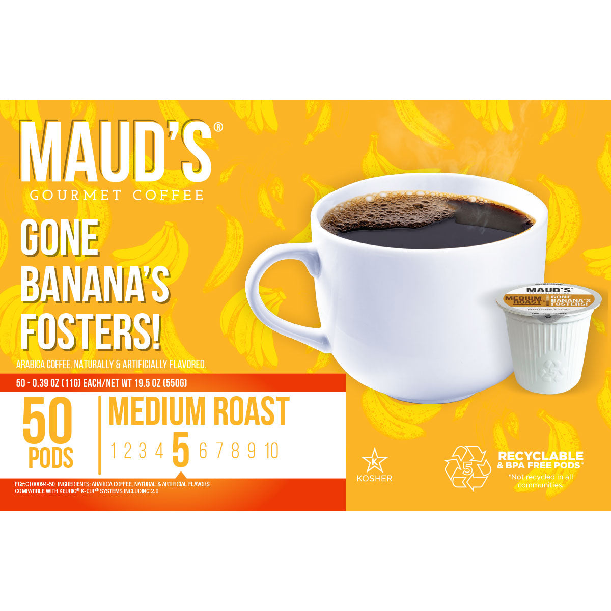 Maud's Banana Foster Flavored Roast Coffee Pods - Single Serve K-Cup Compatible - Rich Caramelized Banana & Rum Flavor - Perfect for Morning Brew & After-Dinner Dessert Coffee