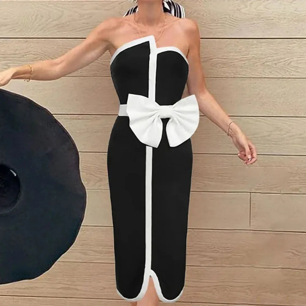 Women's Black & White Vintage Swimsuit - Elegant Tube Top Bikini with Bow Belt & Asymmetrical Skirt for Beach, Pool & Summer Vacations