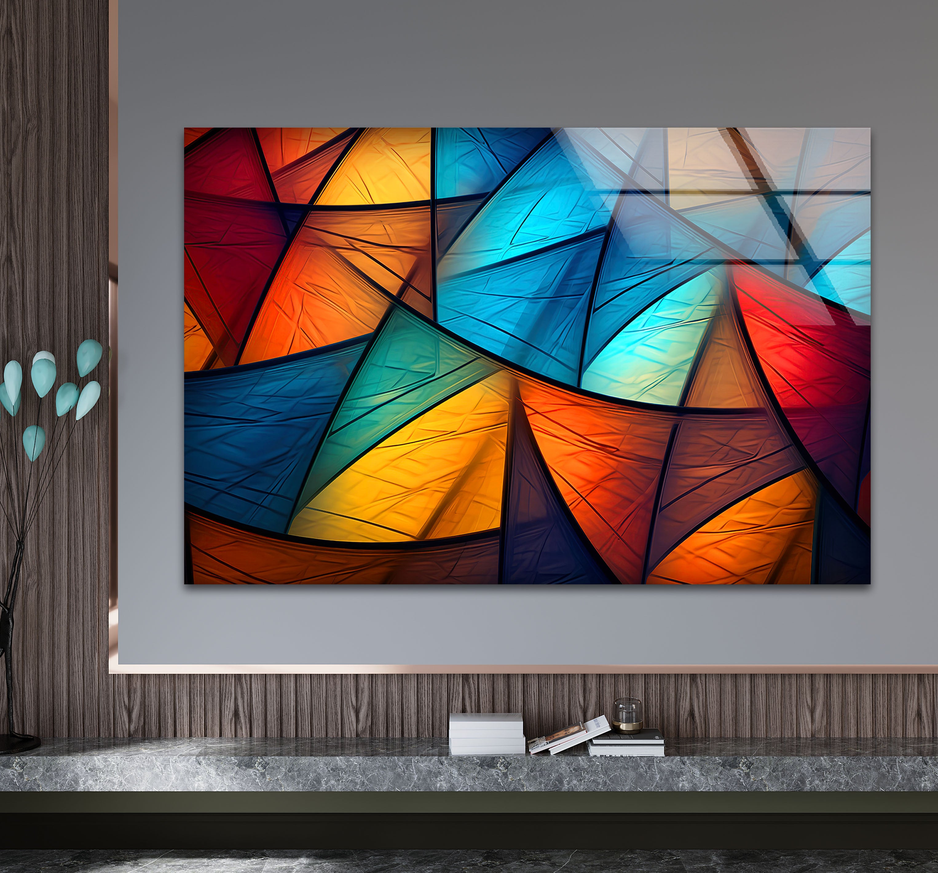 Modern Abstract Geometric Glass Wall Art - Vibrant Triangle Pattern Home Decor for Living Room, Bedroom & Office | Unique Handmade Wall Hanging