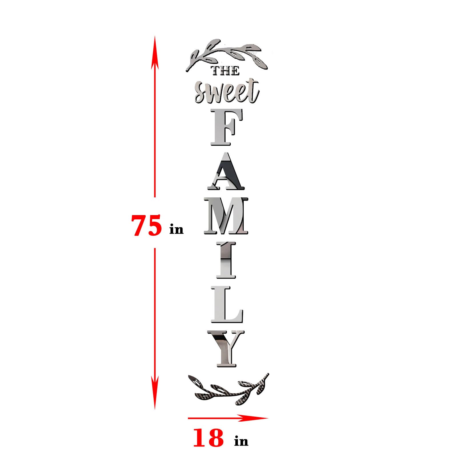 Family Letter Wall Decor - Peel & Stick Mirror Stickers for Living Room & Bedroom (Silver, 68x18 in) - Home Wall Art