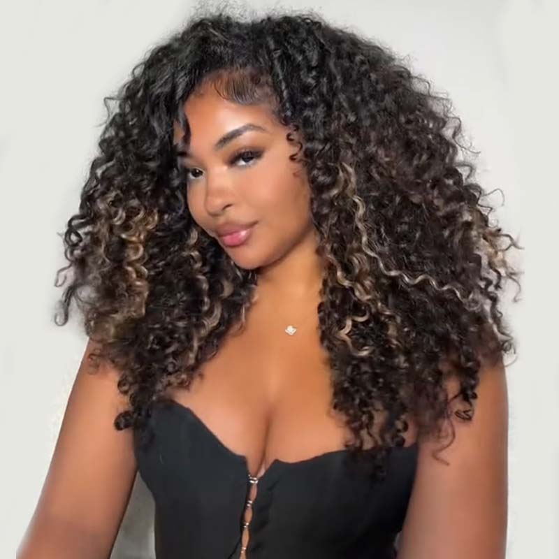Eullair Honey Brown Highlighted Miro Curly Human Hair Lace Front Wig - Pre-Colored Glueless Lace Frontal Wig for Women, Natural Look for Daily Wear & Special Occasions