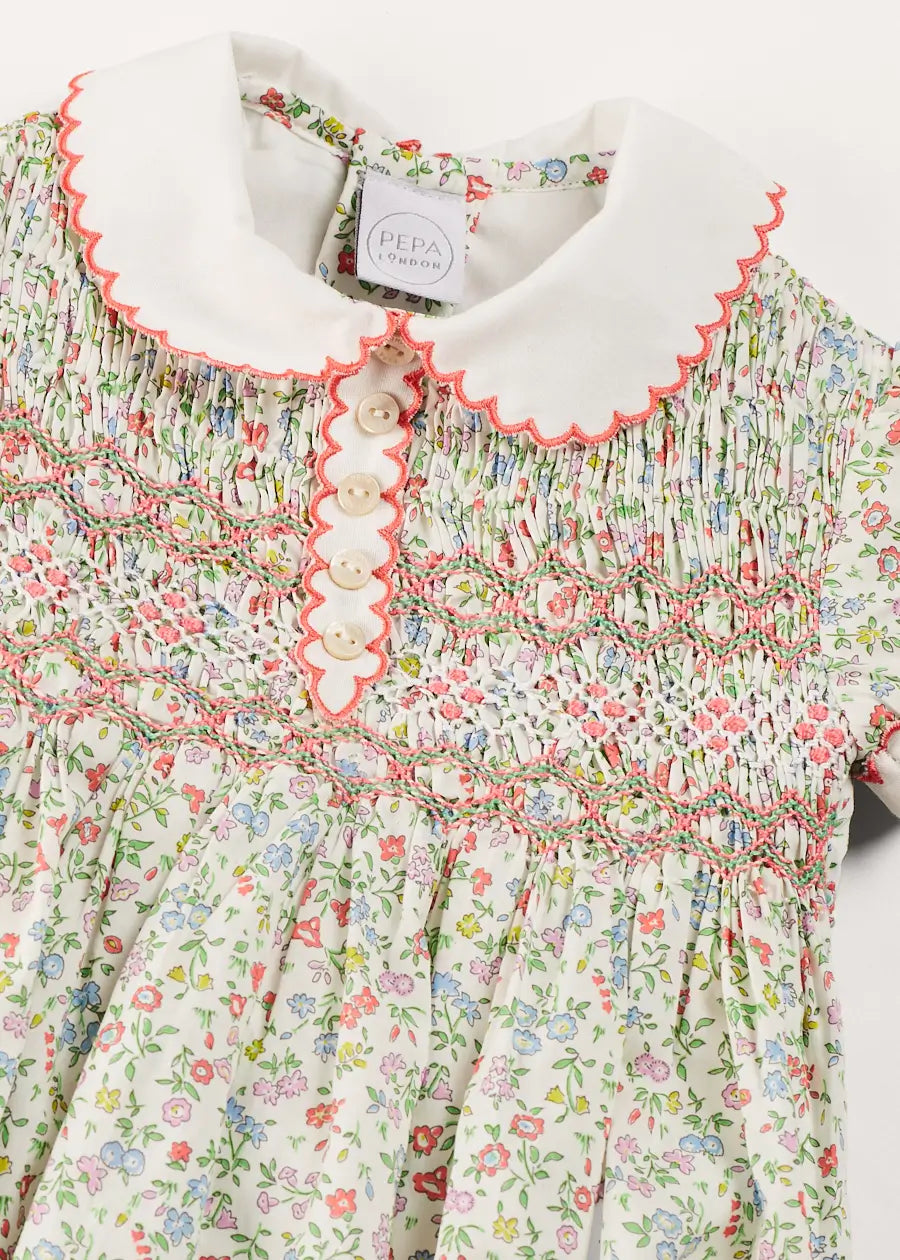 Liberty Fabric Floral Hand Smocked Short Sleeve Romper for Baby Girls (3 Months-2 Years) - Perfect for Spring Outfits, Photo Shoots & Special Occasions