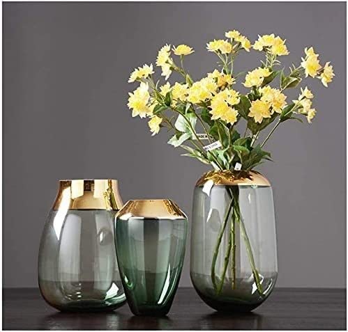 Elegant Transparent Glass Vase with Golden Border - Modern Flower Arrangement for Home Decor, Floral Centerpiece, Neutral Green Design - Perfect for Living Room, Dining Table, Wedding & Office Decor