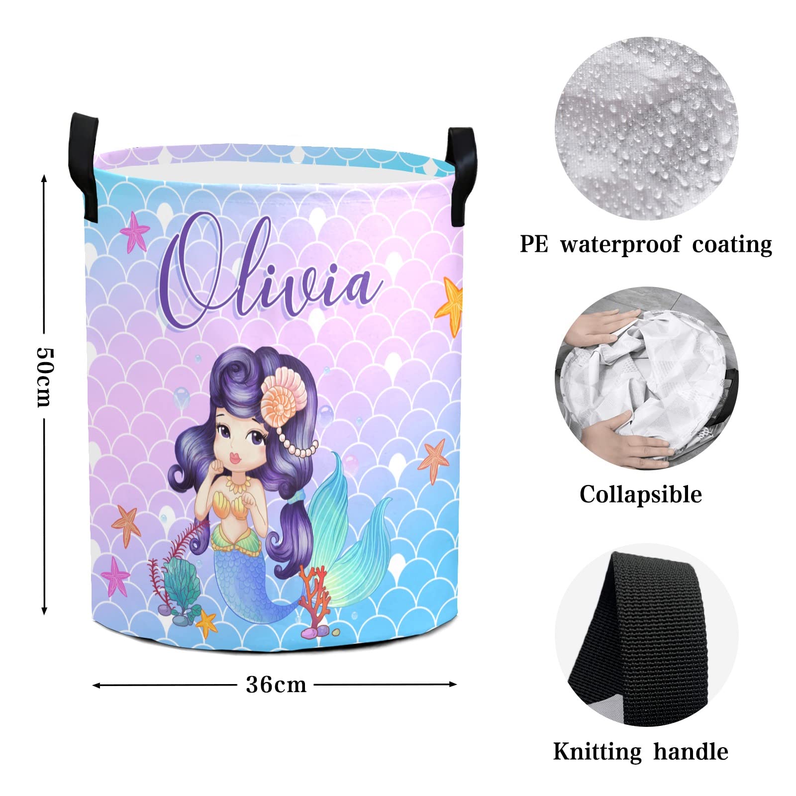 Custom Personalized Mermaid Laundry Basket for Girls with Name - Kids Baby Laundry Hamper Organizer (Style 05) - Perfect for Bedroom, Nursery, and Playroom Storage