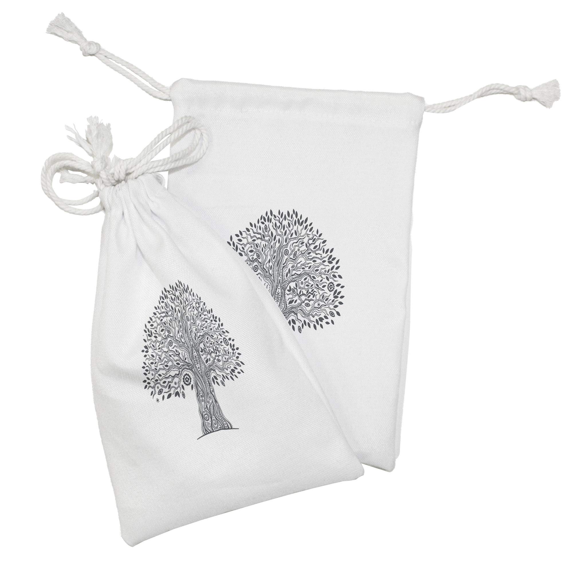 Ambesonne Vintage Tribal Fabric Pouch Set of 2 - Monochrome Ornamental Tree with Leaves Print Small Drawstring Bag - 9
