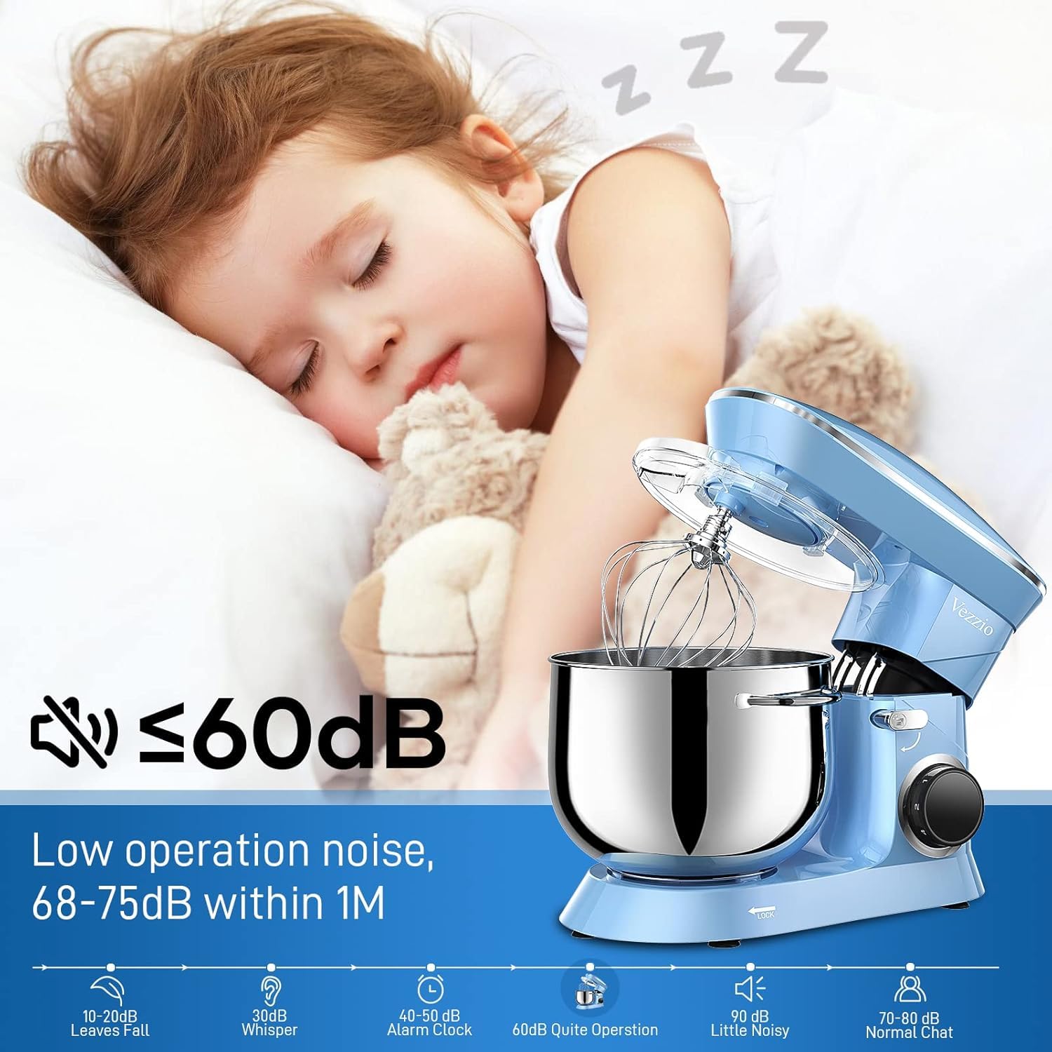 Vezzio 660W 10-Speed Tilt-Head Stand Mixer with 9.5 Qt Stainless Steel Bowl - Dishwasher Safe Attachments - Powerful Electric Kitchen Mixer for Baking, Dough, Whipping - Perfect for Home Bakers & Cooking Enthusiasts (Blue)