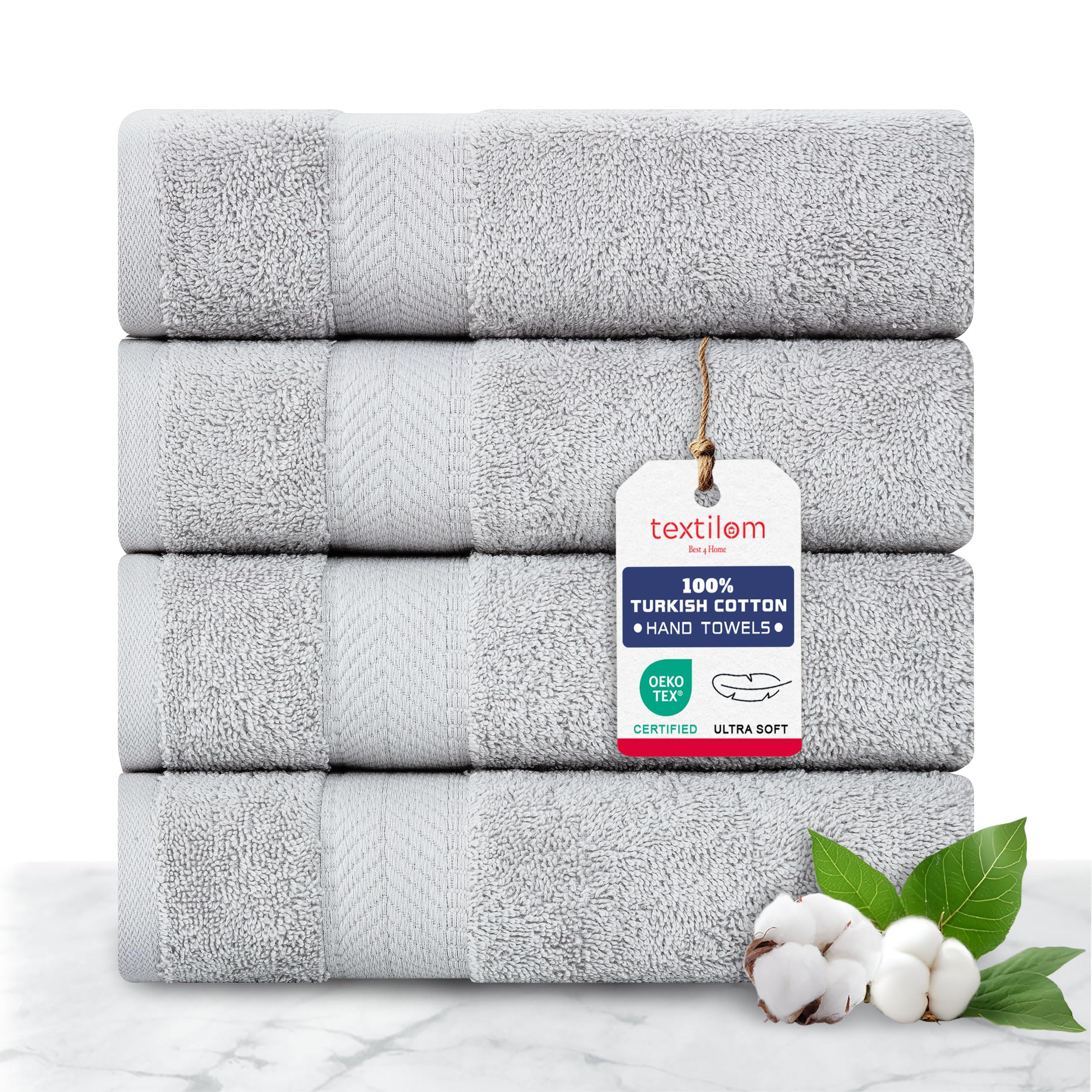 Premium 100% Turkish Cotton Hand Towel Set - 4-Piece Luxury Bathroom Towels, Ultra Soft & Highly Absorbent (16x28 Inches, Light Grey) - Perfect for Guest Bathrooms, Spas & Upscale Home Decor