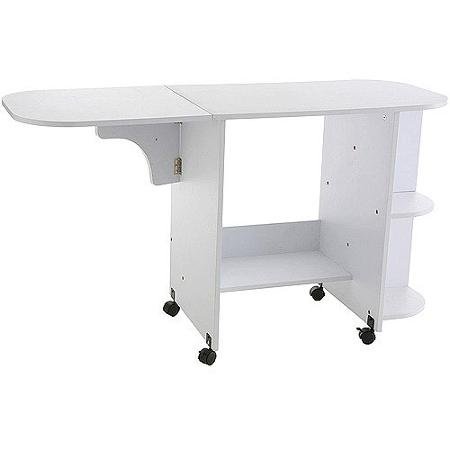 White Sewing Table with Folding Leaf, Storage Shelves & Locking Wheels - Sturdy Particle Board with Vinyl Finish - Perfect for Quilting, Crafting & Home Sewing Projects (Sewing Machine Not Included)