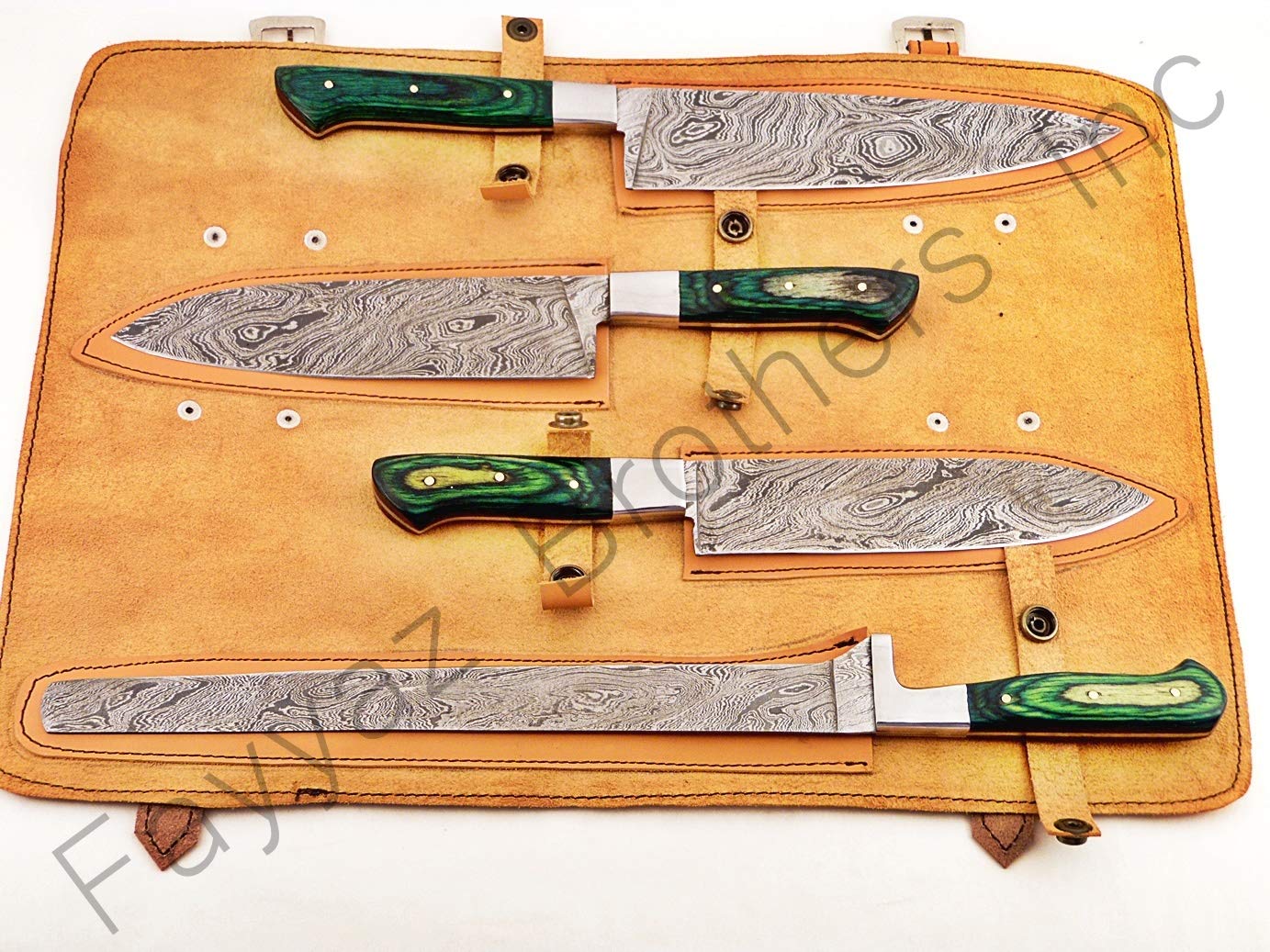 Premium Damascus Steel Kitchen Knives 4-Piece Set - Handcrafted Chef Knife, Utility Knife, Paring Knife & Bread Knife with Green Wood Handle (FBK-1014/1046) - Perfect for Home Cooking, Professional Chefs & Gift Giving
