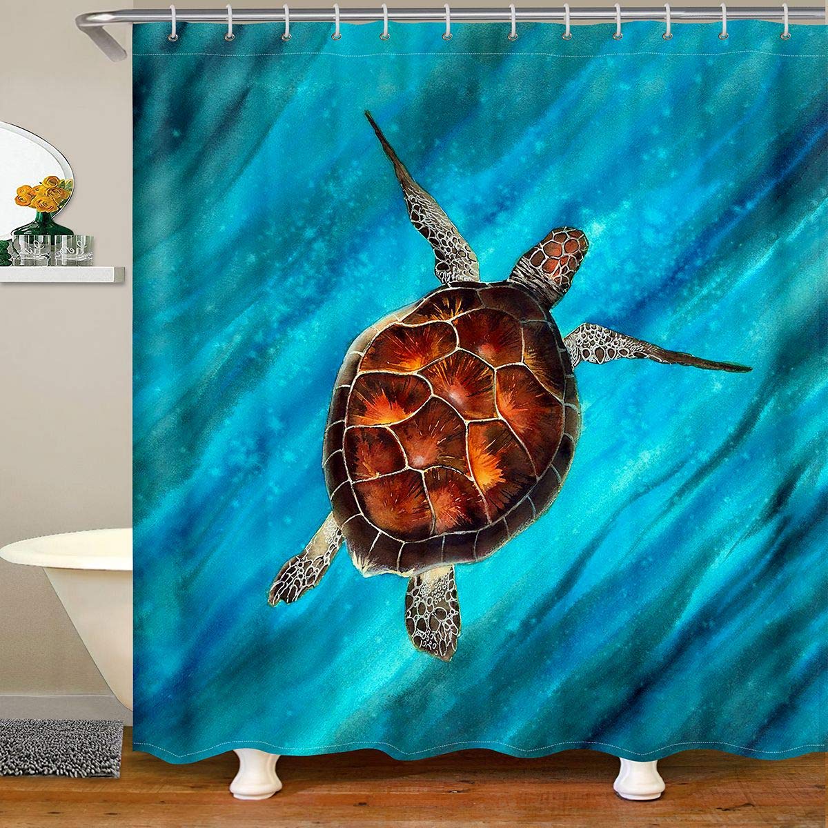 Feelyou Sea Turtle Printed Shower Curtain Set - 72x72 Inch Ocean Reptile Bath Curtain with Hooks, Waterproof Bathroom Decor for Kids Boys Girls - Perfect for Beach Theme Bathrooms & Underwater Animal Room Decor