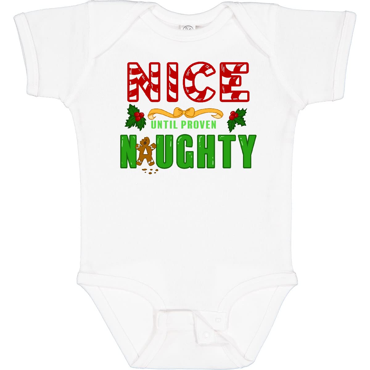 Inktastic Nice Until Proven Naughty with Holly and Gingerbread Man Baby Bodysuit - Christmas Holiday Outfit for Infants & Toddlers - Cute Holiday Gift for Newborns & Baby Showers