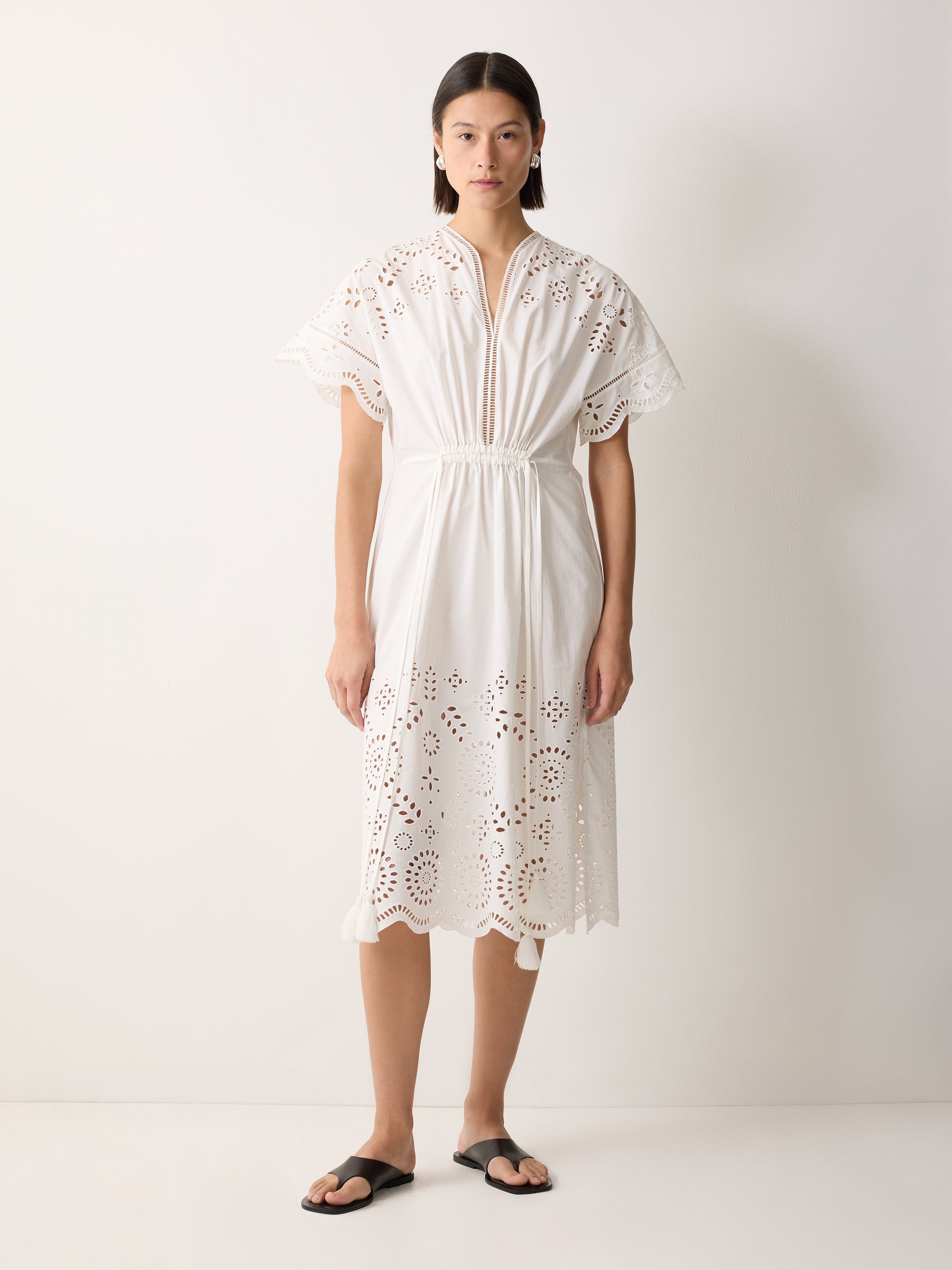 Elegant White Broderie Kaftan Dress - Boho Chic Embroidered Maxi Cover Up for Beach, Vacation & Summer Outfits