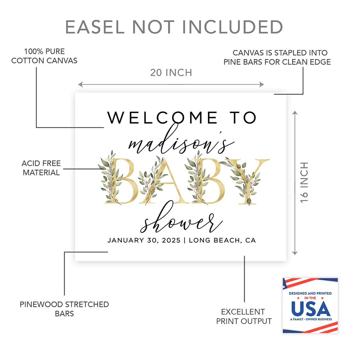 Personalized Large Canvas Baby Shower Welcome Sign - 16x20 Inches Gold Greenery Design - Custom Guest Book Alternative for Baby Showers & Baby Sprinkles - Perfect for Nursery Decor, Gender Reveals & Newborn Celebrations