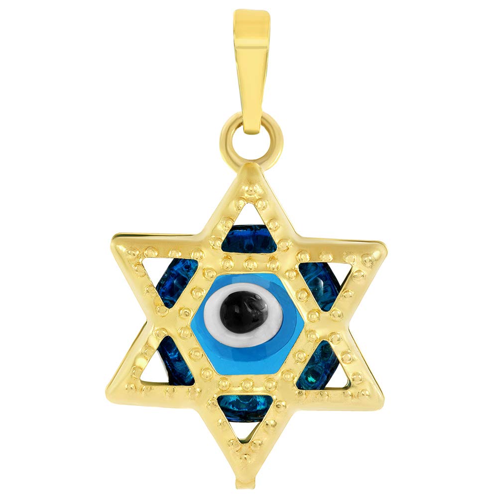 14K Yellow Gold Small Blue Evil Eye Star of David Charm Pendant Necklace for Women - Dainty Jewelry Gift for Birthday, Anniversary & Protection