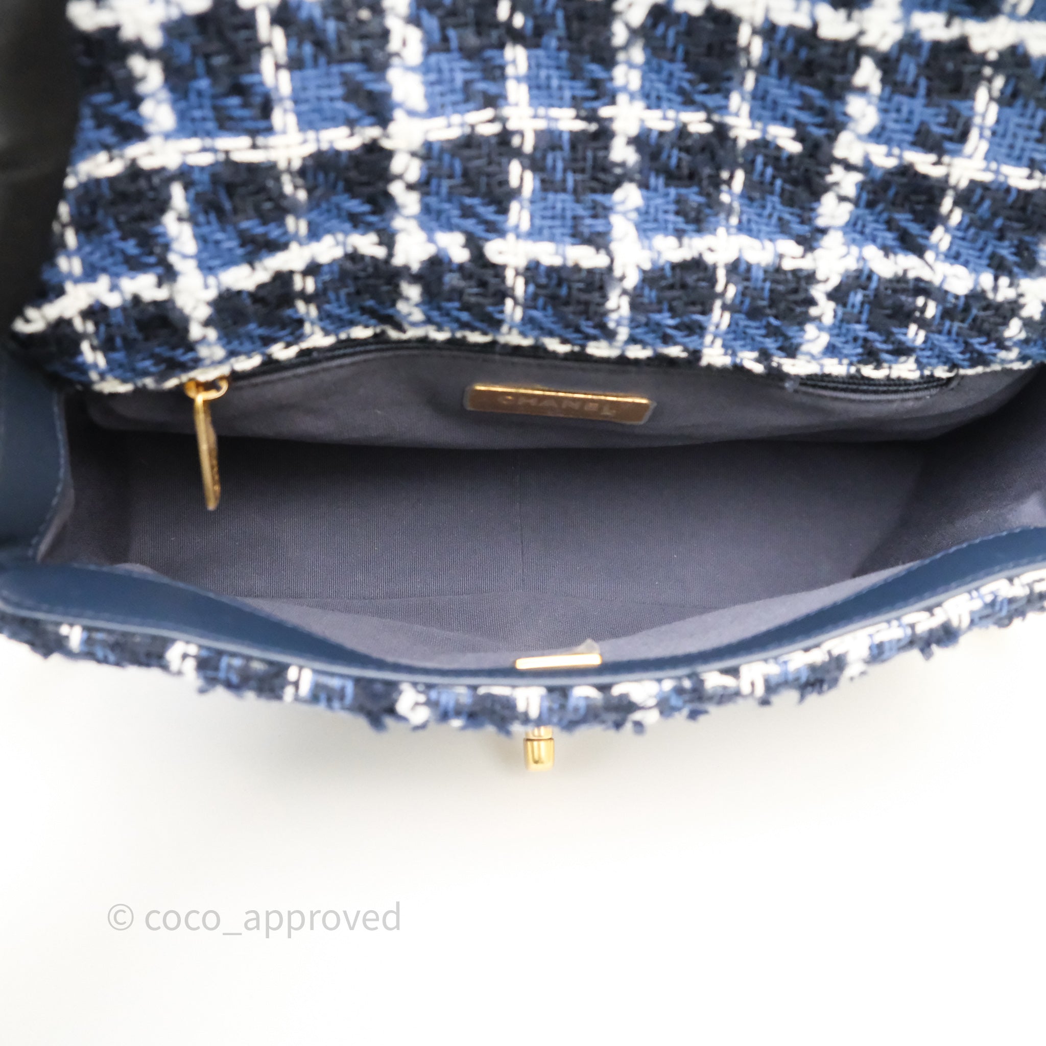 Chanel 19 Small Handbag in Blue, White & Black Grid Tweed with Mixed Hardware - Perfect for Work, Travel & Evening Events