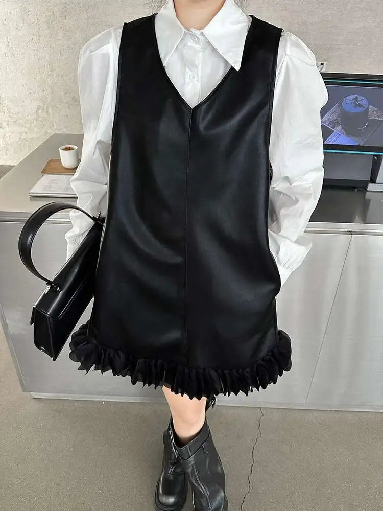 Black Leather Mesh Dress Shirt & Suit Set for Women - Fashionable Two-Piece Lapel Long Sleeve Outfit for Spring & Fall 2025 (Style 1DH9256) | Perfect for Office Wear, Evening Events & Special Occasions