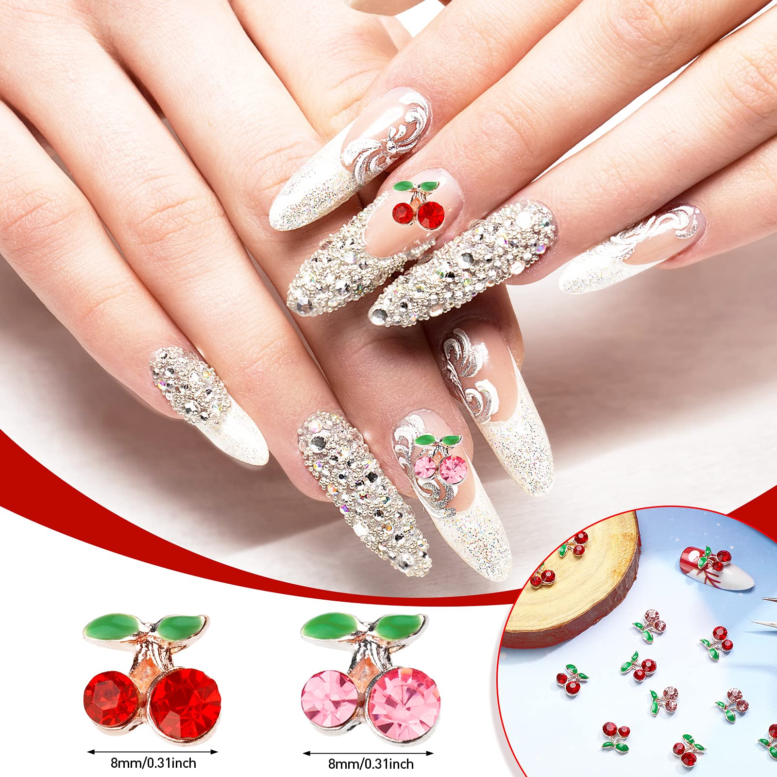 36 Pcs 3D Cherry Nail Charms - Shiny Rhinestone Gems & Glitter Studs for Nail Art (8x8mm, Red & Pink) | DIY Jewelry Making, Manicure Decorations, Gift for Women