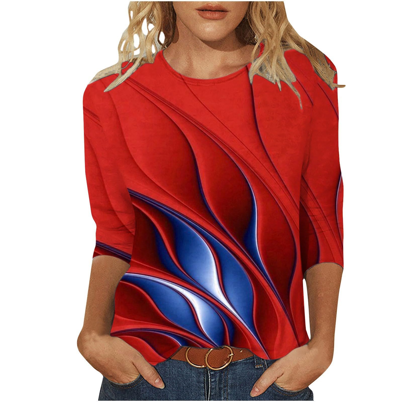 Wodceeke Women's 3/4 Sleeve Graphic T-Shirts - Trendy Printed Summer Tops 2024, Casual Blouses for Ladies - Perfect for Outfits, Streetwear & Everyday Fashion