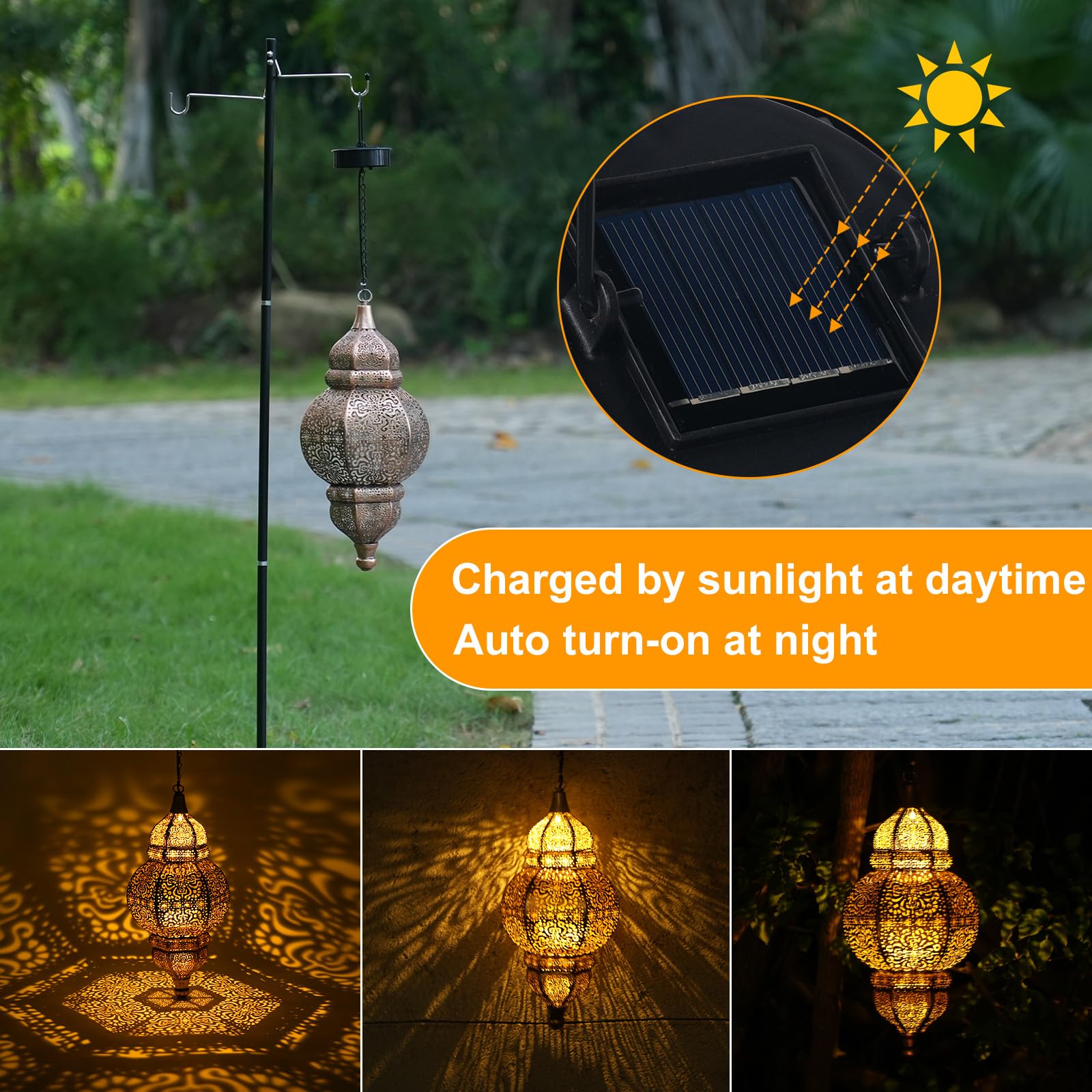 2 Pack Hanging Solar Lights - Waterproof Outdoor Moroccan Metal Lanterns for Patio, Pathway, Yard, Front Porch & Backyard | Solar-Powered Garden Decor for Evening Ambiance & Party Lighting