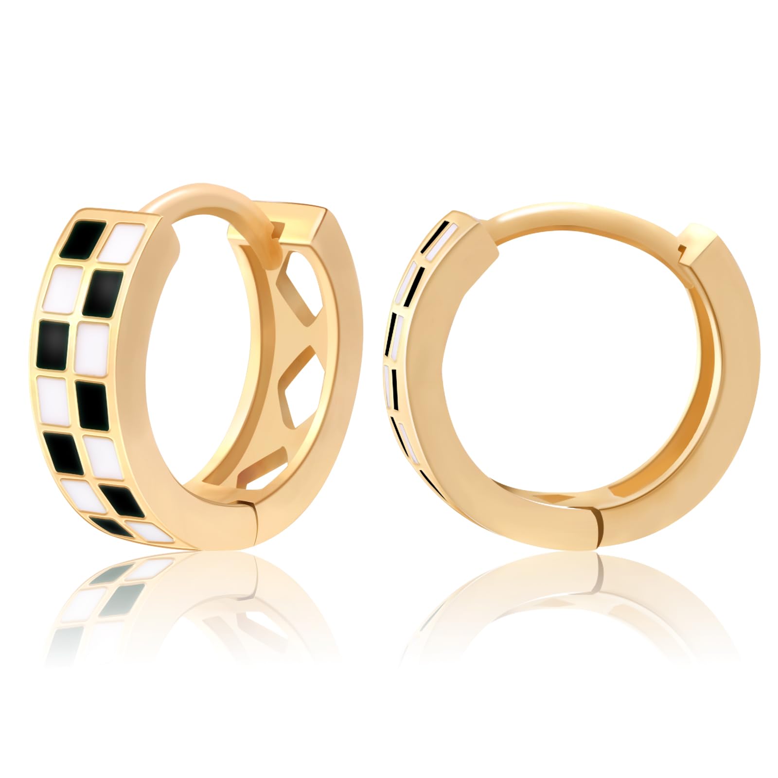 18K Gold Filled Checkered Hoop Earrings for Women | Hypoallergenic Small Enamel Hoops | Trendy Everyday & Party Jewelry Gift