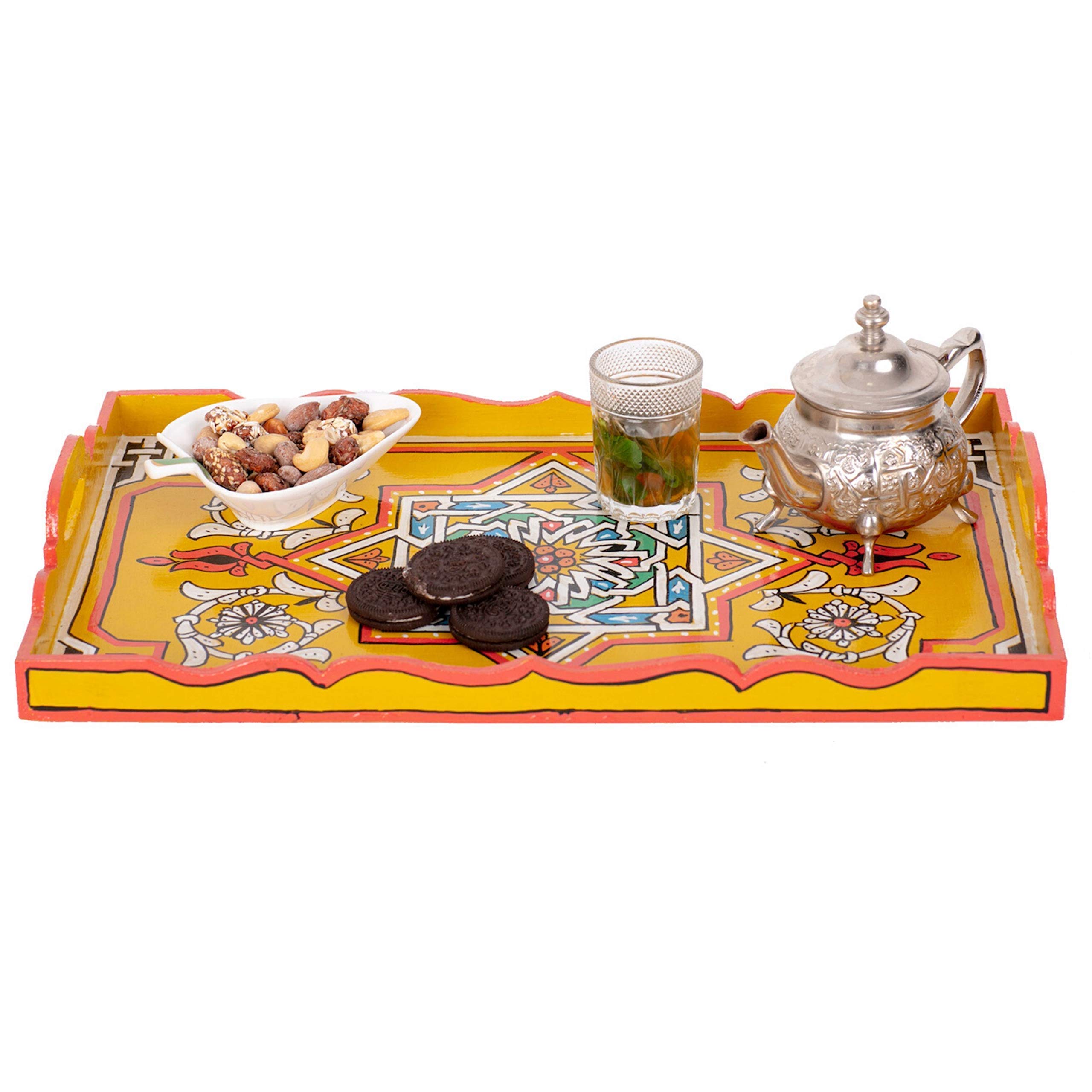 Hand Painted Moroccan White Decorative Serving Tray - Waterproof Acrylic Painting Bohemian Arabesque Home Decor (Yellow) | Perfect for Coffee Table Display, Gift Giving & Boho Chic Home Styling