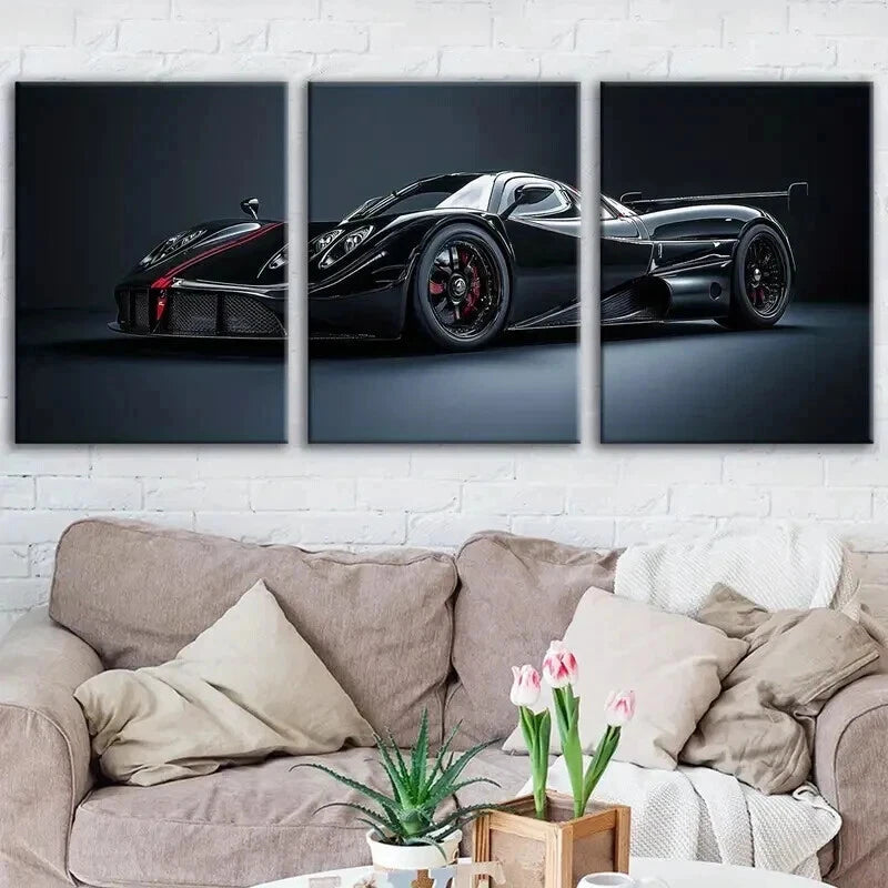 3-Piece Abstract Black Sports Car Racing Wall Art Set - Framed Canvas 50x70cm (20x28in) - High Quality Print - 100% Australian Made - Ready to Hang - Perfect for Man Cave, Game Room, Office or Garage Decor