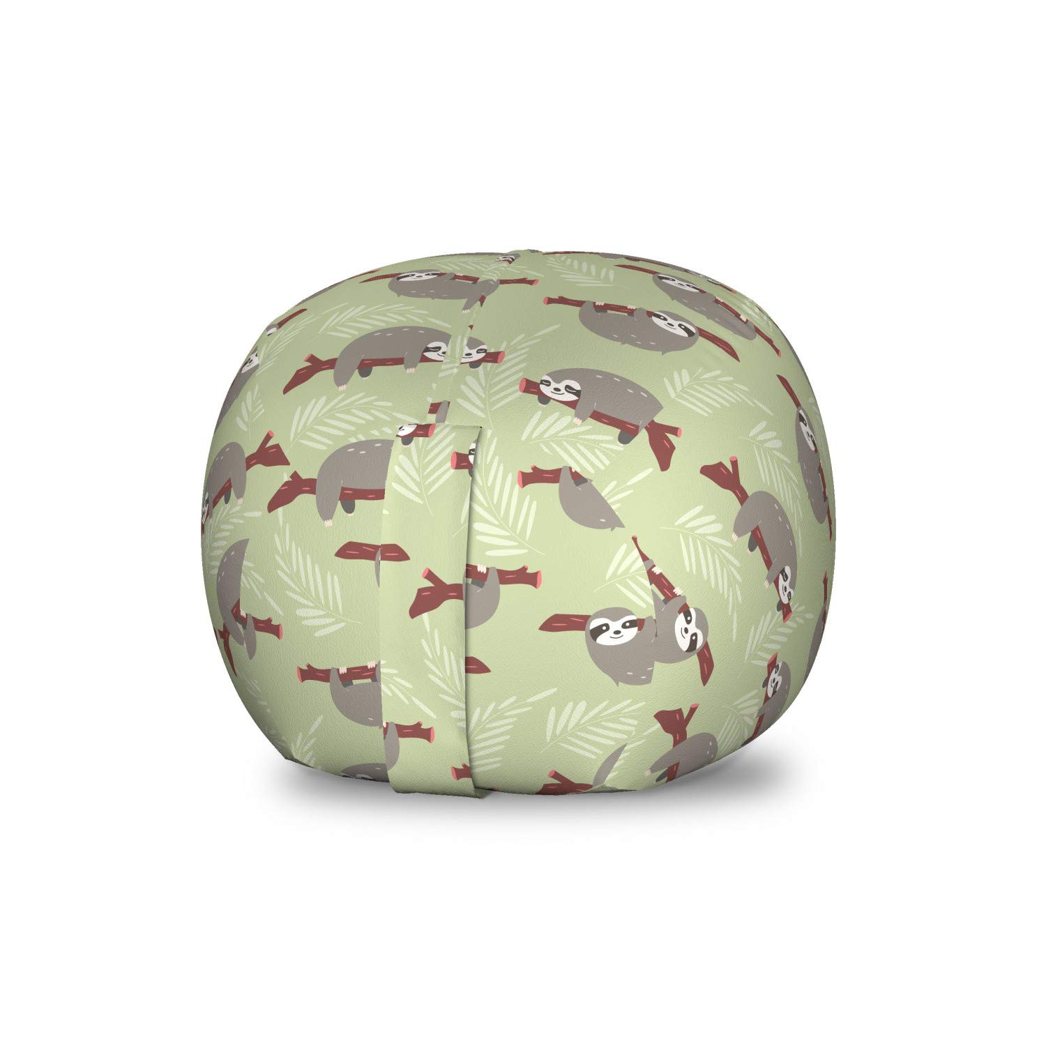 Lunarable Sloth Toy Storage Bag Chair - Hanging Sloths on Cecropia Branches with Leaf Backdrop | Washable Stuffed Animal Organizer | Small Size Green Grey | Perfect for Kids' Room & Playroom Organization