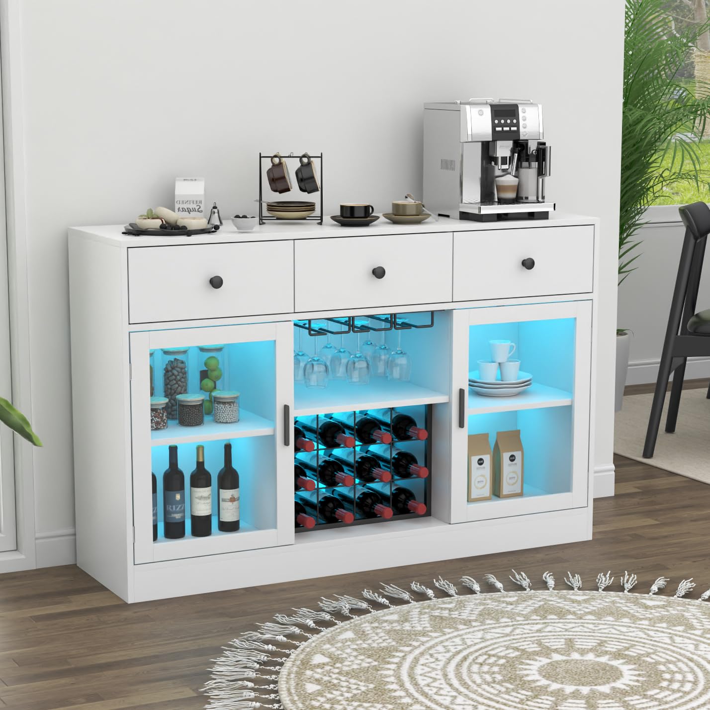 Modern White Wine Bar Cabinet with LED Lights - Home Coffee & Liquor Storage with Glass Rack, Kitchen Buffet Sideboard with Storage Cabinet & Drawers - Perfect for Living Room, Dining Room & Entertaining Guests