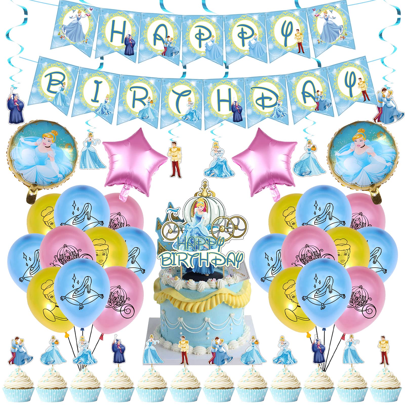 UINKI Cinderella Birthday Party Decorations Set - Princess Balloons, Banner, Cake Toppers & Swirls for Kids Fairy Tale Theme Party | Perfect for Birthday Celebrations, Baby Showers & Princess-Themed Events